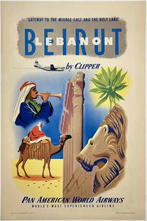 Original Vintage Poster PAN AM - BEIRUT BY CLIPPER Airline Travel Tourism LINEN: Condition: Used,Type: Poster,Airline: Pan Am,Country/Region of Manufacture: United States