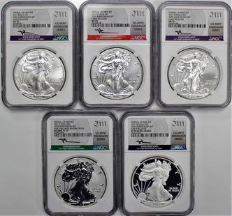 2011 $1 Silver Eagle 25th Anniversary 5 Coin Set NGC MS70/PF70/PF70 Mercanti: Composition: Silver,Certification Number: Actual Cert # Will Vary,Fineness: 0.999,Strike Type: Mint State/Burnished/Proof/Reverse Proof,Grade: MS70/PF70 UCAM/REV PF70,Precious Metal Content per Unit:
