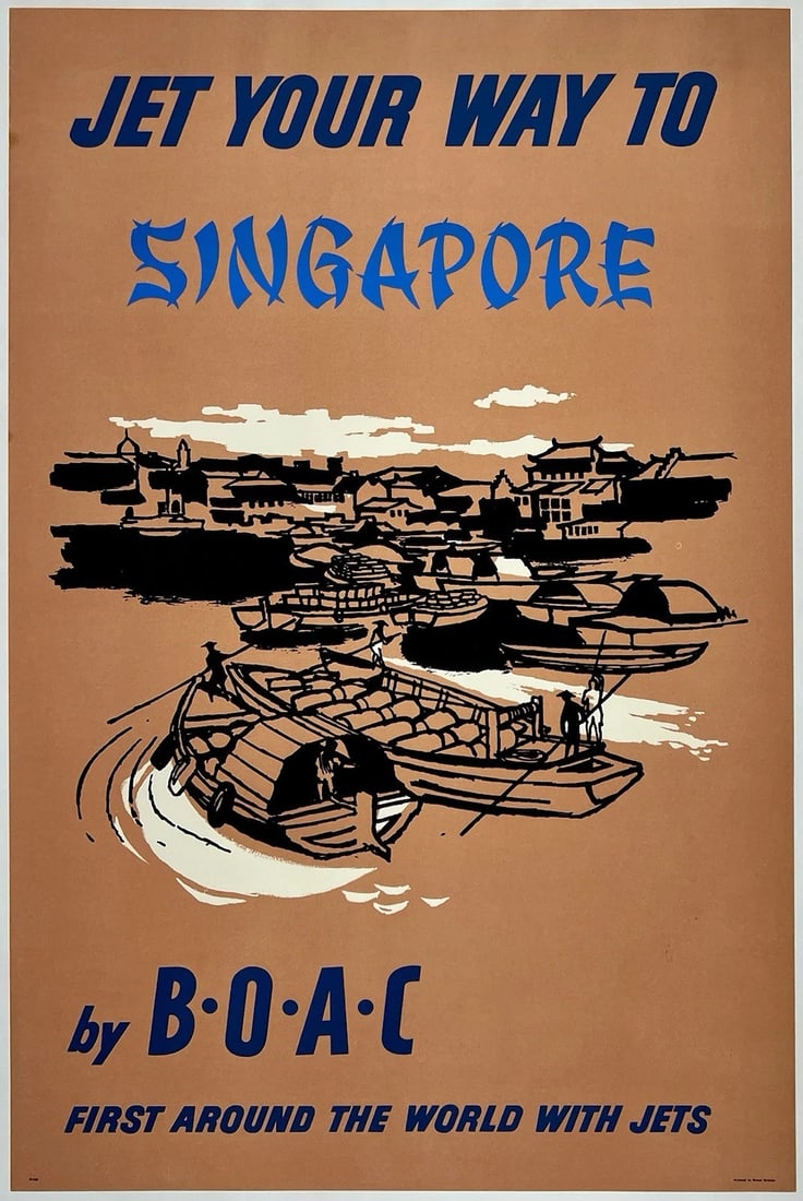Original Vintage Poster JET YOUR WAY TO SINGAPORE BOAC Airline Travel LINEN (1 of 5)
