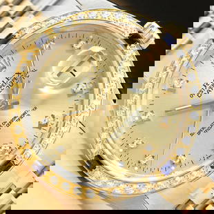 ROLEX MENS DATEJUST FACTORY DIAMOND DIAL 18K YELLOW GOLD STAINLESS STEEL WATCH: This is an authentic Rolex watch with a Rolex 18K yellow gold and stainless steel jubilee bracelet, factory Rolex diamond dial, and a custom 18K yellow gold sapphire diamond bezel.Descriptions: Brand: