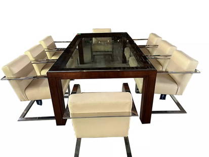 Ralph Lauren Modern Penthouse Dining Set - Table and 8 Leather & Chrome Chairs: TABLE DIMENSIONS: Width:92" Depth 47.5" Height31" CHAIR DIMENSIONS: Width24" Depth23.5" Height32.5" . Condition: Used,Number of Items in Set: 9,Wood Tone: Dark Wood,Shape: Rectangular,Set Includes: Ch