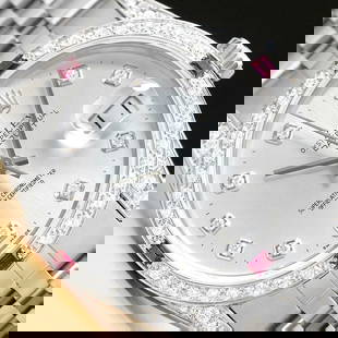 MENS ROLEX DATEJUST 18K WHITE GOLD RUBY DIAMOND BEZEL & DIAMOND LUGS WATCH 16014: This is an authentic Rolex watch with an original Rolex stainless steel jubilee bracelet, Rolex dial with added genuine diamond markers, custom 18K white gold ruby diamond bezel, and added genuine dia
