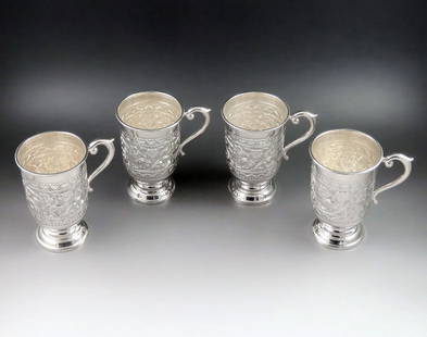 4 Antique c1930 Indonesian Hand Chased Repousse Punch Coffee Tea Cups Mugs: Age: 1920s-1950s,Pattern: Repousse,Composition: Sterling Silver (.925),Object Type: Cups or Mugs,Original/Reproduction: Antique Original