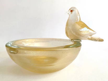 MODERNIST ARCHIMEDE SEGUSO MURANO ART GLASS GOLD LEAF BIRD DECORATIVE BOWL: Condition: Used,Shape: Round,Handmade: Yes,Production Technique: Hand Blown Glass,Country/Region of Manufacture: Italy,Original/Reproduction: Vintage Original,Style: Mid-Century Modern,Country/Region