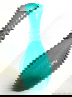 VTG MID CENTURY MODERN TEAL TURQUOISE ETRUSCAN STYLE HAND BLOWN ART GLASS VASE: Condition: Used,Time Period Manufactured: 1960-1969,Production Technique: Hand Blown Glass,Production Style: Art Glass,Brand: Unknown,Color: teal,Type: Vase