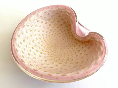 MID CENTURY MODERN BARBINI MURANO ITALY ART GLASS PINK GOLD LEAF BULLICANTE BOWL: Condition: Used,Style: Mid-Century Modern,Material: Glass,Original/Reproduction: Vintage Original,Type: Bowl,Color: Pink,Glassmaking Technique: BULLICANTE,Type of Glass: Hand Blown Glass,Subject/Theme