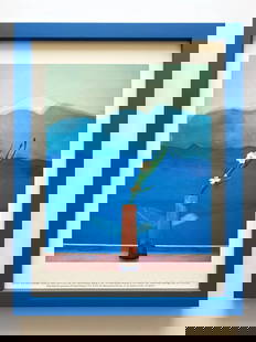 DAVID HOCKNEY RARE 1996 MET MUSEUM FRAMED LITHO PRINT "MOUNT FUJI FLOWERS" 1972: Condition: Used,Artist: David Hockney,Unit of Sale: Single-Piece Work,Image Orientation: Portrait,Size: Medium (up to 36in.),Signed: No,Color: Blue,Date of Creation: 1990-1999,Title: " Mount Fuji and