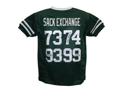 Sack Exchange Autographed/Signed New York Jets Green XL Jersey 3 Sigs: This is a custom size XL green jersey with sewn on name and numbers that was personally autographed by 3 members of the New York Jets Sack Exchange including: Mark Gastineau, Marty Lyons and Abdul Sal