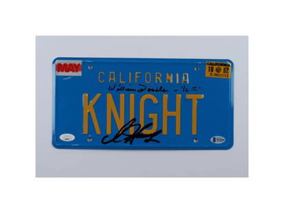 David Hasselhoff & William Daniels Signed "Knight Rider" 6x12 License Plate Inscribed "Kitt": "Knight Rider" license plate measures 6" x 12" in size and has been hand-signed and inscribed by David Hasselhoff (Michael Knight) and William Daniels (K.I.T.T.). Please note, the license plate shows