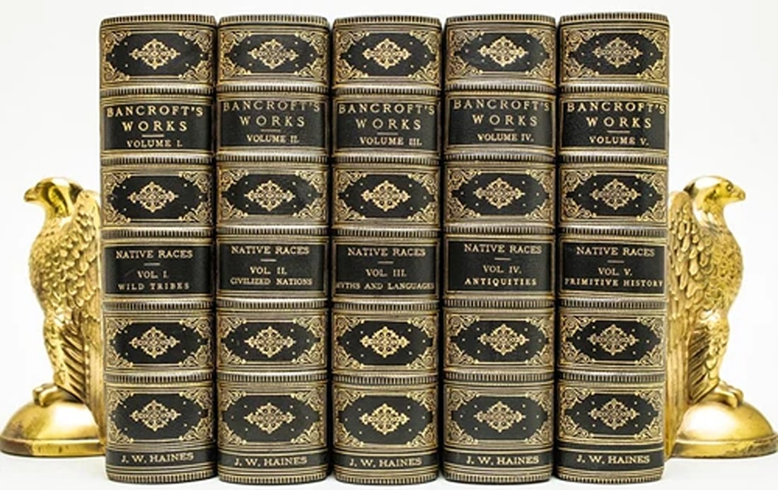 1886 Bancroft's Native Races Primitive Myths Wild Tribes Fine Leather Fold Outs: COMPLETE FIVE VOLUME SET IS IN NEAR FINE CONDITION BEAUTIFULLY BOUND IN FULL CRUSHED MOROCCO WITH BRIGHT GILT RULE AND TURN INS TO BOARDS, SIX COMPARTMENTS AND FIVE RAISED BANDS TO SPINES WITH BRIGHT