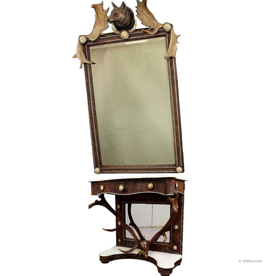 Antique Antler Mirror with Console Table, Austria, ca. 1860: Condition: Used,Item Height: 90.55,Item Length: 19.69,Item Width: 35.43,Antique: Yes,Brand: Unbranded