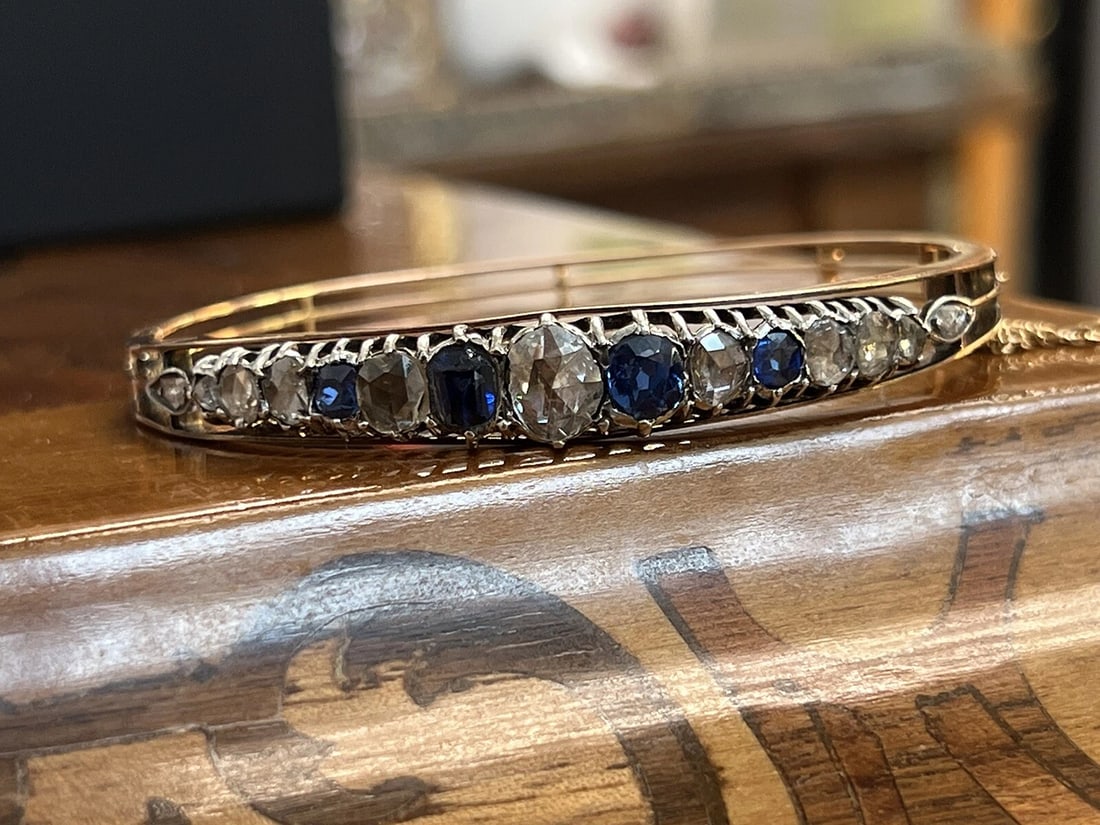 FRENCH ANTIQUE 18k Rose Gold, Rose Cut Diamond & Sapphire Bangle Bracelet 1900s: Condition: Pre-owned: An item that has been used or worn previously. See the seller’s listing for full details and description of any imperfections. ,Brand: Antique,Type: Bracelet,Style: Bangle