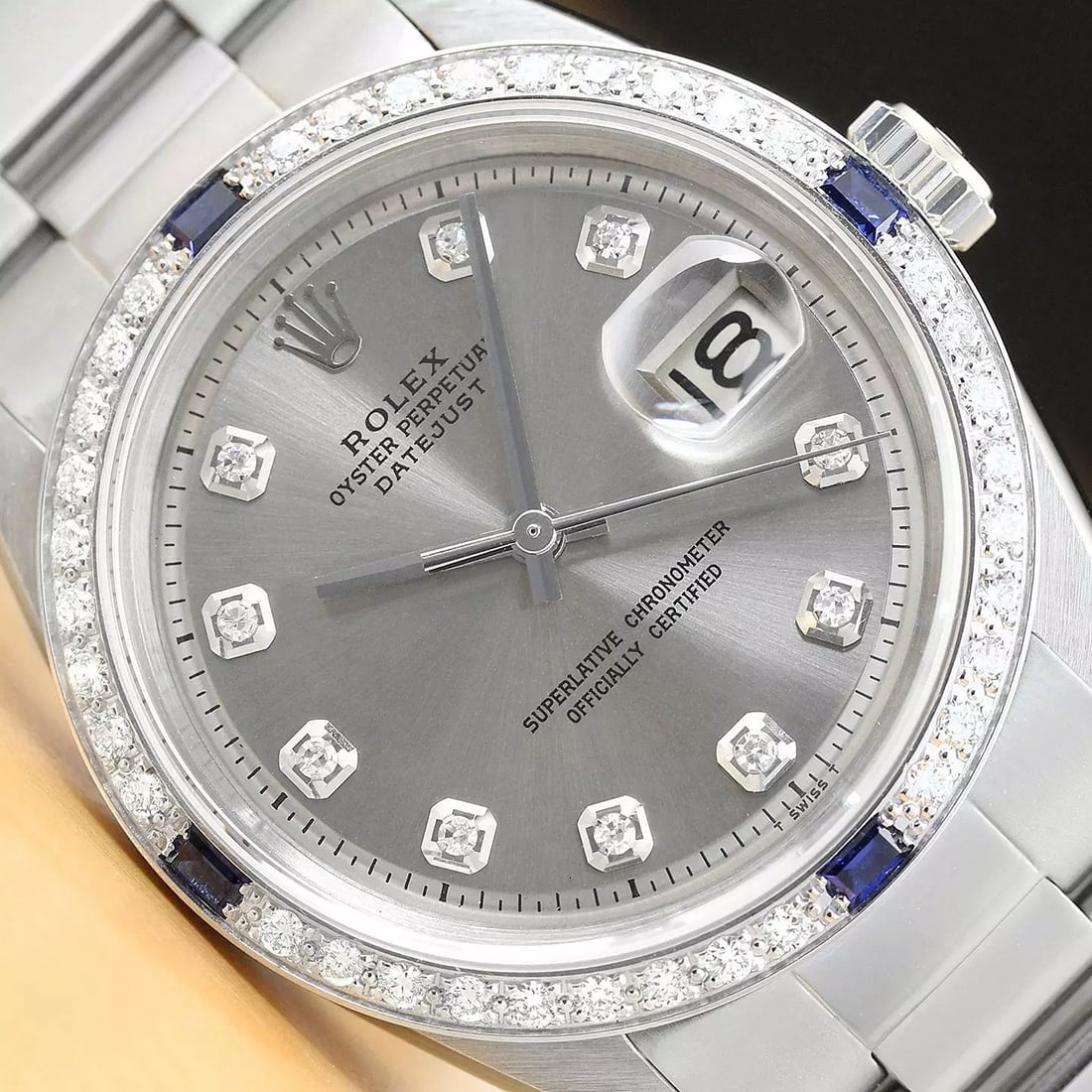 MENS ROLEX DATEJUST GRAY DIAMOND SAPPHIRE 18K WHITE GOLD SS WATCH w/ OYSTER BAND (1 of 8)