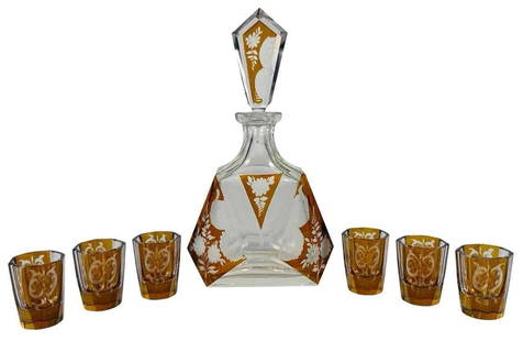 Antique Czech Bohemian Art Deco Amber Cut to Clear Crystal Decanter Set Glasses: DIMENSIONS: decanter 8-3/4" in height, 5" in length, 2-3/4" in depth; shot glasses/ea 1-3/4" in height, 1-1/4" in length/width. Condition: Used,Brand: Josephinenhutte,Type: Decanter Set,Original/Repro