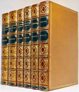 1854 First Editions Works of Lord Macaulay Fine Leather Bindings By Zaehnsdorf: SIX VOLUME SET (FOUR TITLES) IS IN FINE CONDITION BEAUTIFULLY BOUND IN FULL CALF BY ZAEHNSDORF FINISHED WITH BLACK TITLE LABELS GILT AND DENSE GILT IN THE PANELS WITH CENTRAL EMBOSSED ROSE ORNAMENTS.