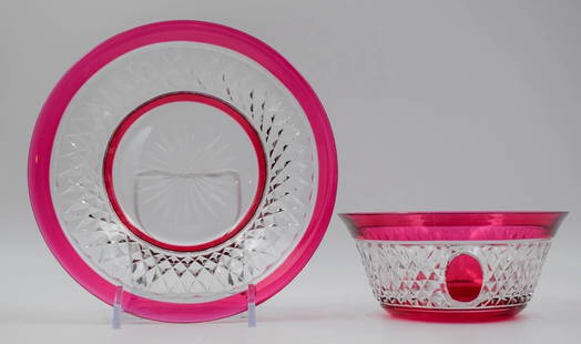 Val Saint Lambert Cranberry Cut to Clear Glass Finger Bowl & Underplate ABP: Condition: Used,Brand: Cranberry,Type: Bowl & Underplate,Color: Clear,Material: Glass,Production Style: Cut Glass