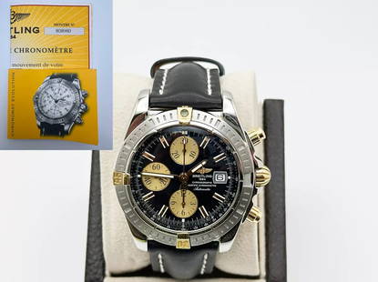 Breitling Chronomat Evolution B13356 18K Yellow Gold Steel With Papers: Condition: Pre-owned,Bezel Color: Silver, Yellow,Movement: Mechanical (Automatic),Seller Warranty: Yes,With Papers: Yes,Reference Number: B13356,Band/Strap: Two-Piece Strap,Brand: Breitling,Case Color