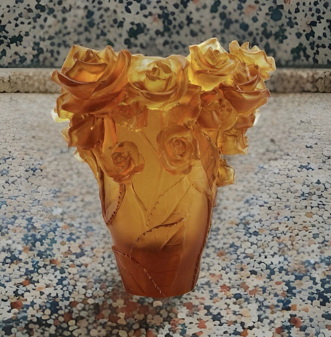 Rose Vase Nancy Daum Style Amber Vase Heavy Crystal H7?? Unique Color (1 of 4)