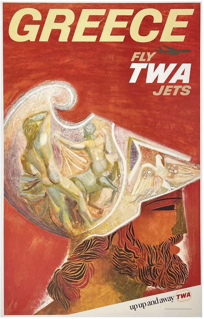 Original Vintage Poster GREECE FLY TWA JETS UP UP & AWAY Airline Travel KLEIN OL (1 of 5)