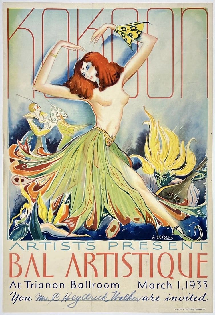 Original Vintage Poster KOKOON ARTS CLUB BAL ARTISTIQUE 1935 Art Deco LINEN RARE (1 of 5)