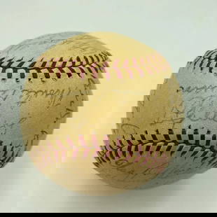 Lou Gehrig 1938 New York Yankees World Series Champs Team Signed Baseball JSA: There are 29 signatures. The sweet spot has a solid Lou Gehrig signature paired with Monte Pearson of all people. Signatures include Crosetti, Dickey, DiMaggio, Henrich, Knickerbocker, Rolfe and Murph
