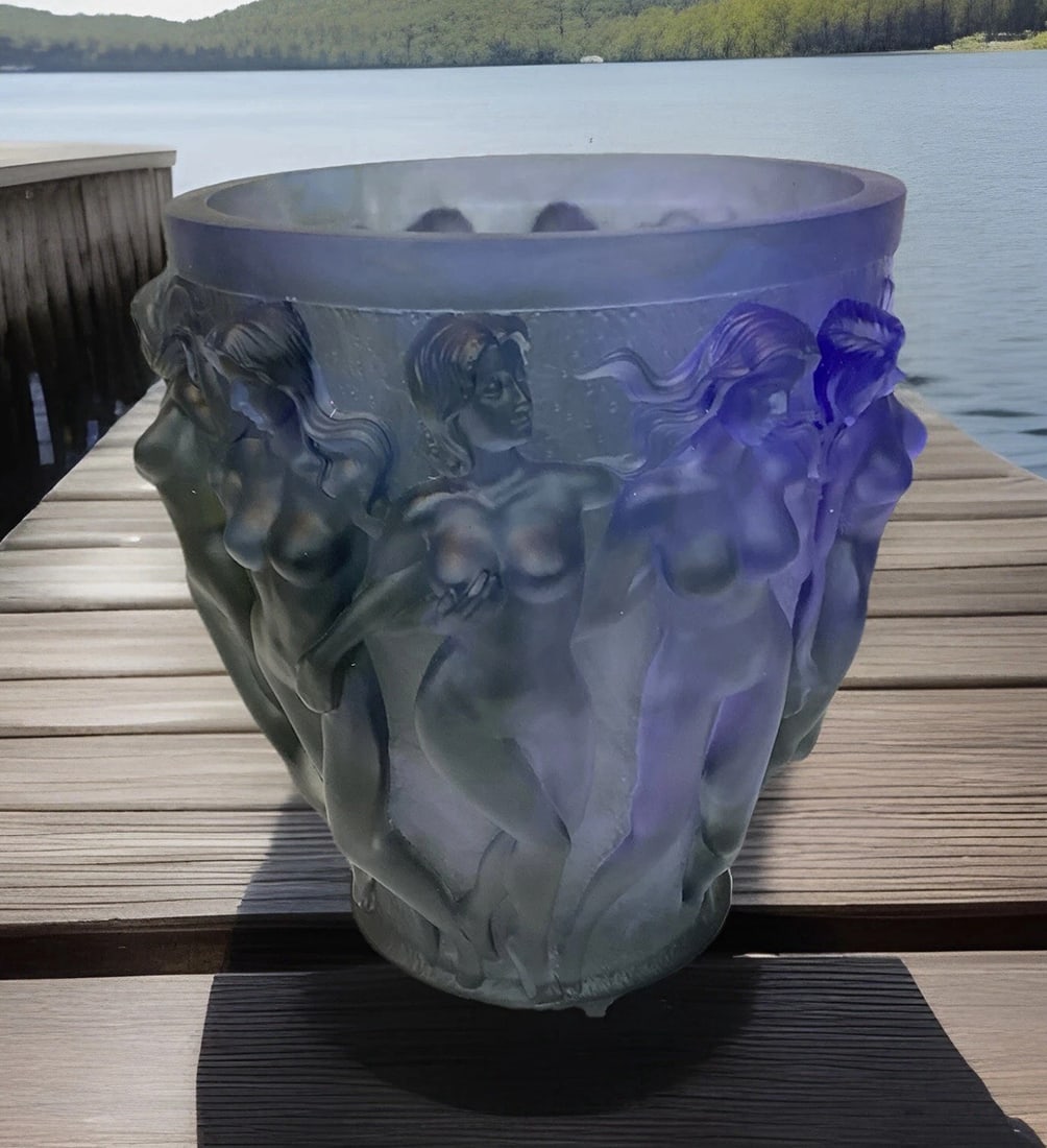 Xl Lalique Style Blue Ombere Naked Ladies Crystal Vase H10?? Heavy Art Glass 12lb (1 of 11)