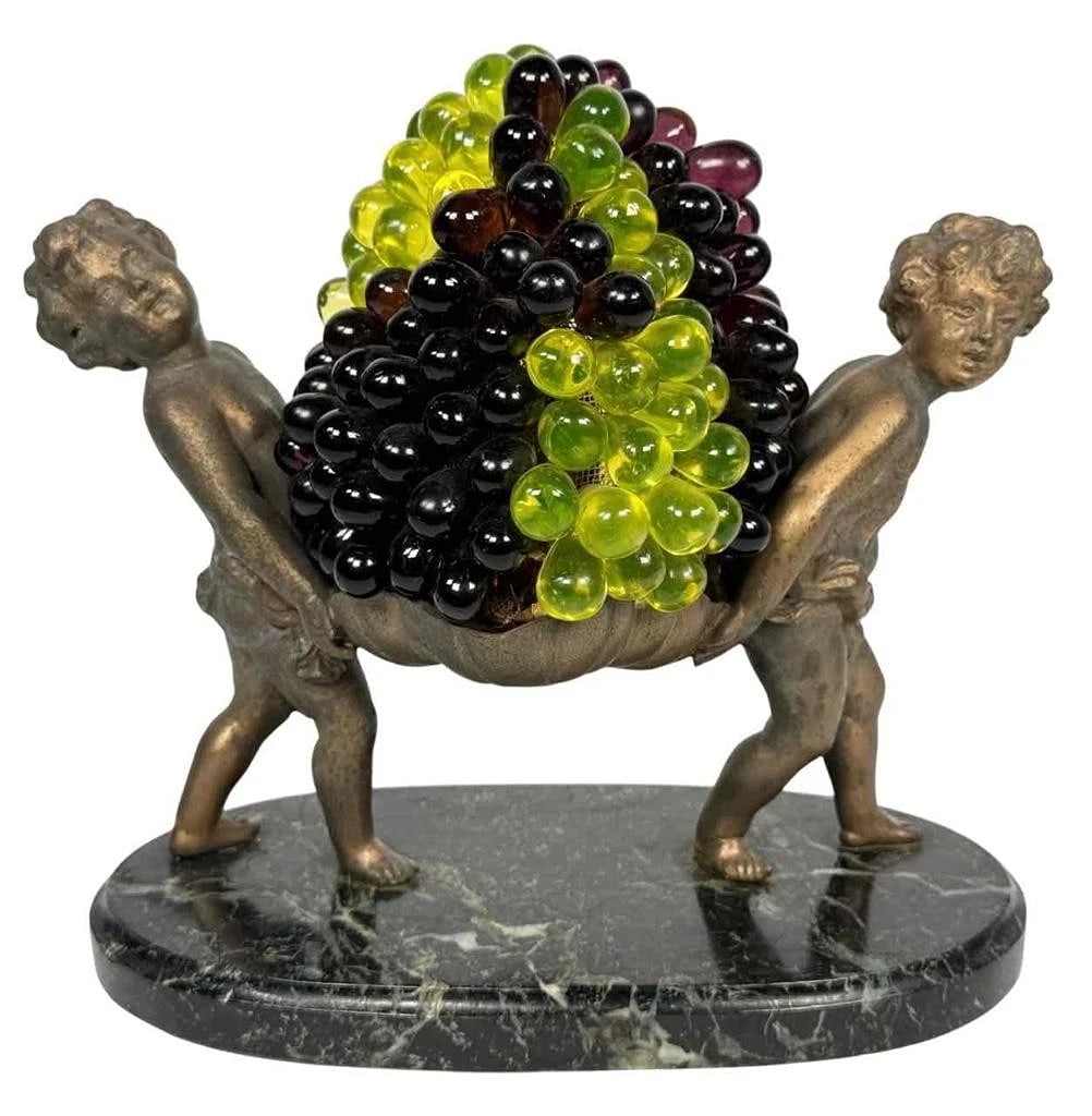 Antique French Moreau Art Deco Spelter Marble Cherubs Glass Grapes Cluster Lamp: Condition: Used,Brand: Auguste Moreau,Type: Accent Lamp,Color: Multicolor,Era: 1900s,Material: Glass, Marble, Spelter,Style: Art Deco,Antique: Yes
