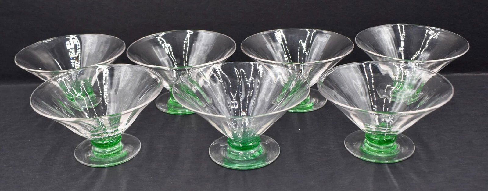 Set of 7 Art Glass Steuben Ponoma Green Foot & Clear Glass Bowl - V Shaped, Deco: Condition: Used,Brand: Steuben,Type: Bowl,Theme: Pomona,Material: Glass