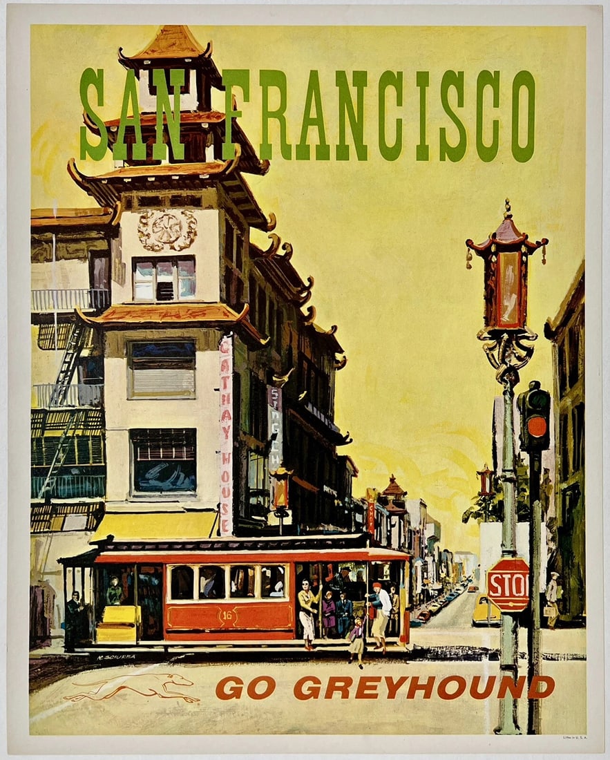 Original Vintage Mini Poster GREYHOUND SAN FRANCISCO Cable Travel 11 x 14 LINEN (1 of 5)