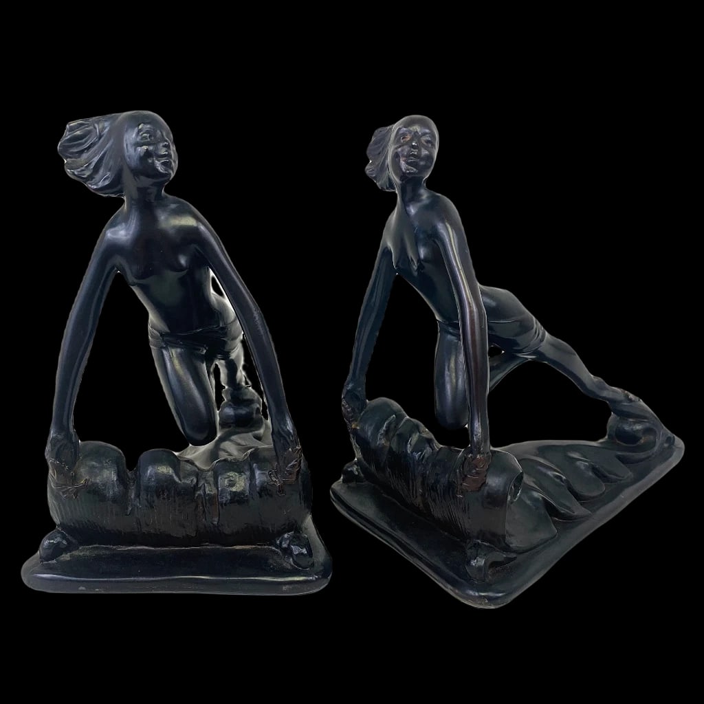 Pair Antique 1920s Art Deco Bronzed Nude Women on Waves Bookends Frankart-Era: Condition: Used,Type: Bookends,Color: Bronze,Era: Early 20th Century (1911-1940),Material: Spelter,Style: Art Deco-Dimensions/ea: 7" in height, 4-1/2" in width (across front), 7-1/4" in depth