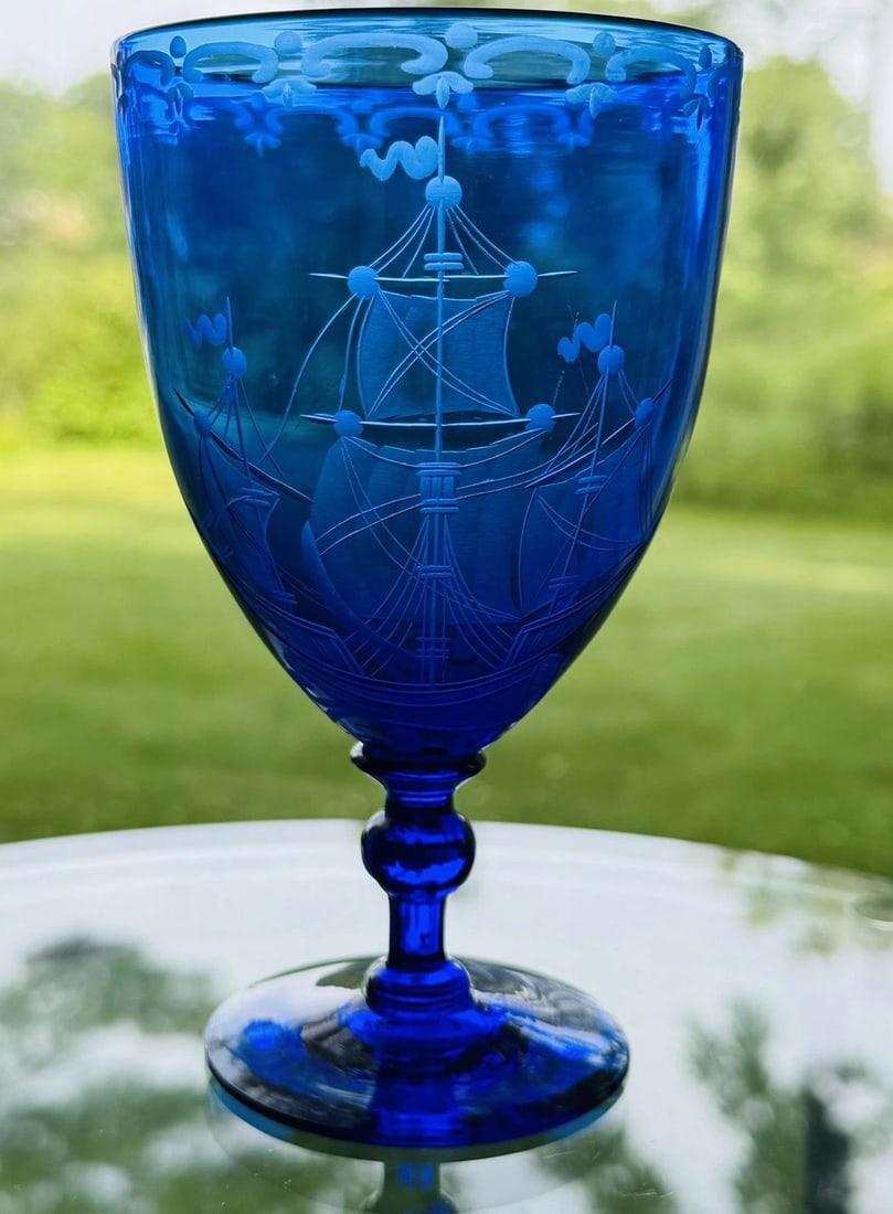 Rare Steuben Flemish Blue Engraved Water Goblet - Engraved with Tall Ships: Condition: Used,Brand: Steuben,Type: Goblet,Color: Blue,Features: Engraved- Measures 5 7/8" high by 3 1/2" wide