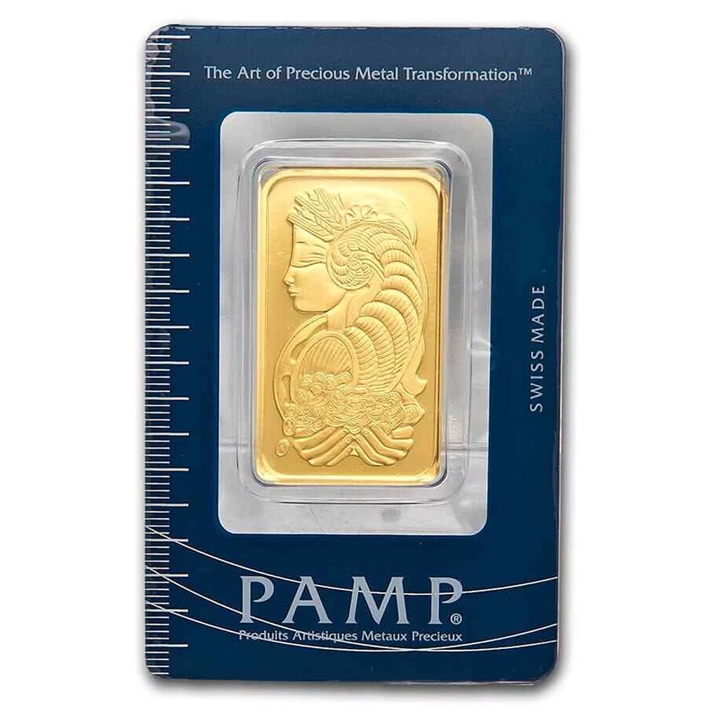 1 oz Gold Bar - PAMP Suisse Lady Fortuna (Classic Assay): Brand: Pamp Suisse,MPN: 11951,Year: Random,Width: 24 mm,Thickness: 1.71 mm,Height: 41 mm,Fineness: 0.9999,Denomination: 1 oz,Country/Region of Manufacture: Switzerland,Certification: Uncertified