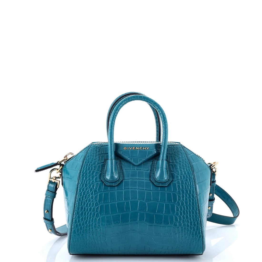 Givenchy Antigona Bag Crocodile Embossed Leather Mini: Measurements: Handle Drop 3", Height 8", Width 8.5", Depth 5", Strap Drop 18". Condition: Pre-owned - Good,Brand: Givenchy,Exterior Material: Leather,Style: Cross Body Bags,Exterior Color: Blue,Depart