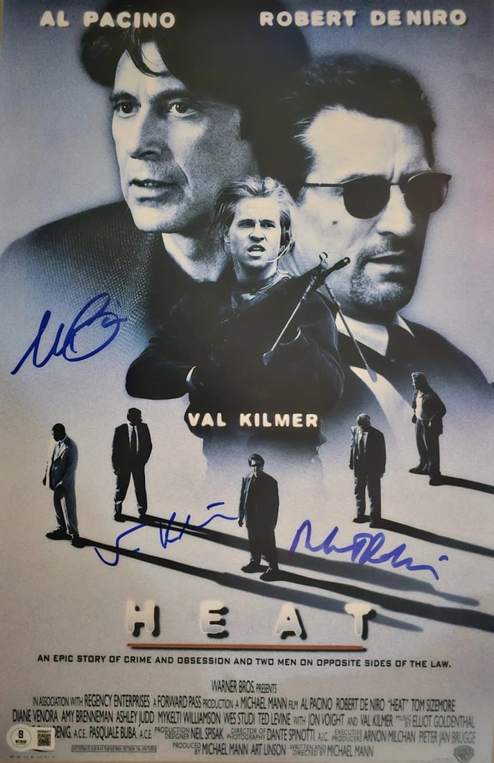 Val Kilmer Al Pacino Robert DeNiro Signed 11x17 Heat PhotoPoster Beckett Witness: Industry: Movies,Movie: Heat,Signed by: Val Kilmer Al Pacino Robert De Niro,Size: 11x17 inches,Autograph Authentication: Beckett,Object Type: Photograph,Original/Reproduction: Original