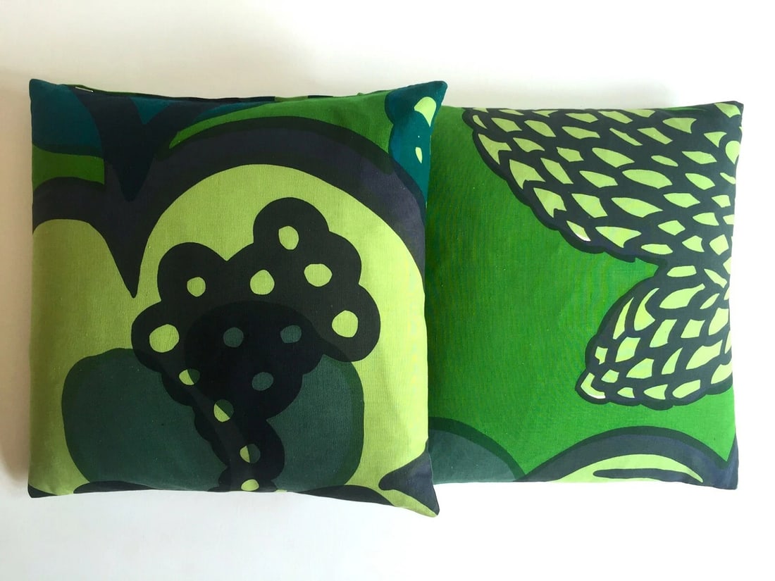 MARIMEKKO ORIG VNTG 1960'S RARE MID CENTURY SCANDINAVIAN MODERN THROW PILLOWS: Condition: Pre-owned,Size: 14 X 14,Shape: Square,Style: Mid-Century Modern,Material: 100% Cotton,Theme: Art,Pattern: Abstract,Type: Cushion,Color: Green,Brand: Marimekko,Room: Bedroom,Modified Item: N