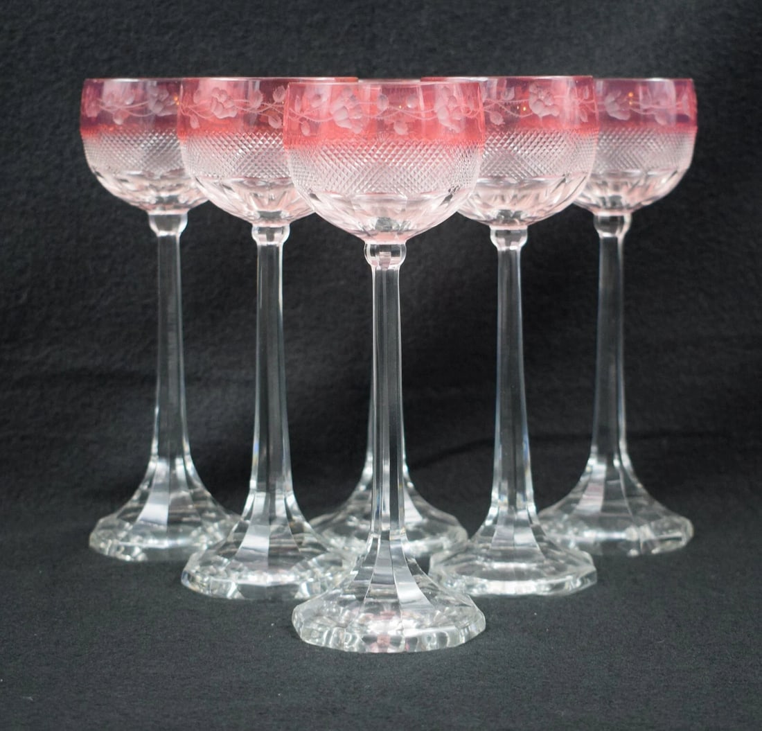 6 Moser Pink Cut to Clear Cut & Engraved Wine Glass, Circa 1920, Museum Quality: Measures 7 3/4" high by 2 3/4" wide. Condition: Used,Brand: Moser,Type: Wine Glass,Color: Clear & Pink,Features: Engraved,Year Manufactured: 1920