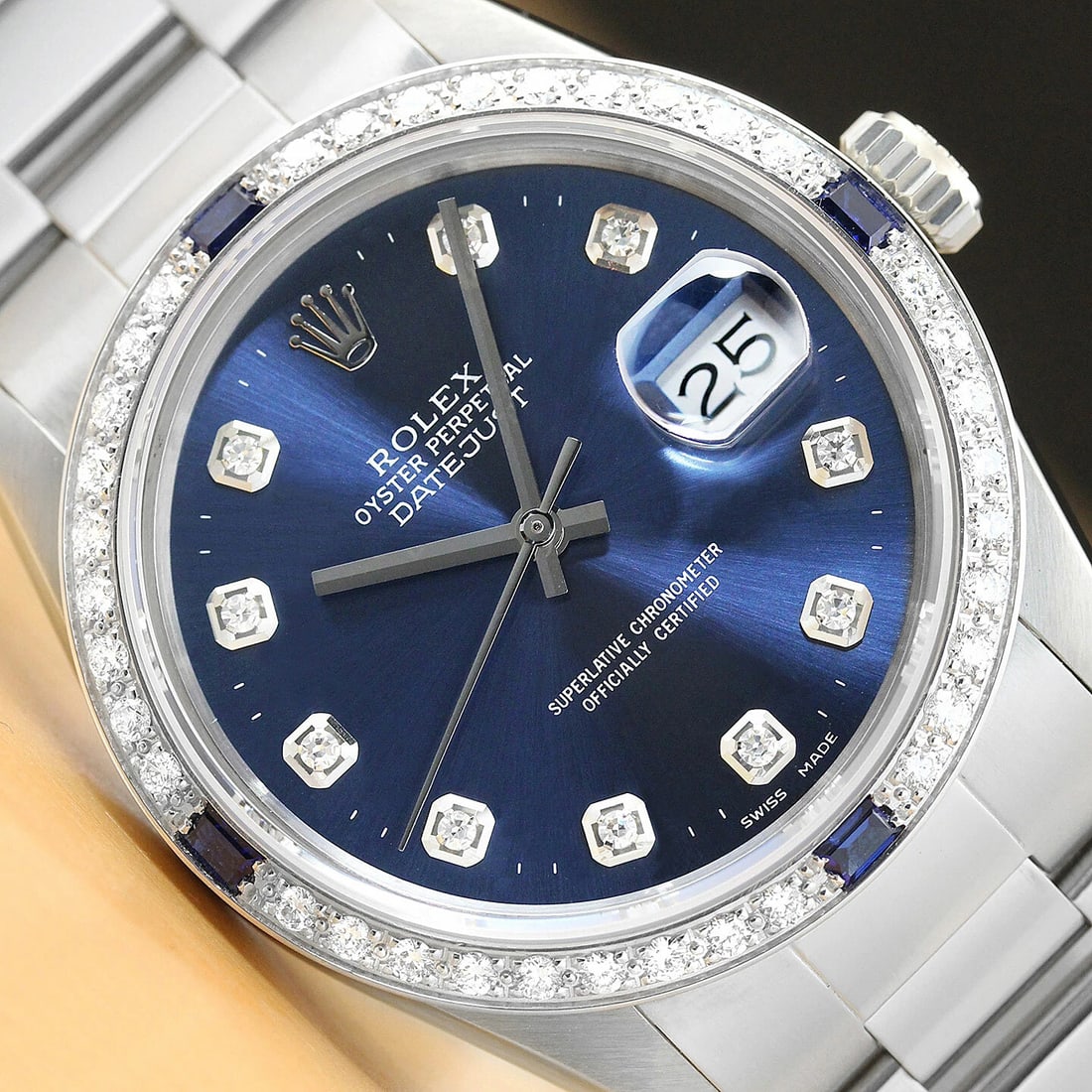 MENS ROLEX DATEJUST QUICKSET 18K WHITE GOLD SAPPHIRE DIAMOND & STEEL WATCH (1 of 8)