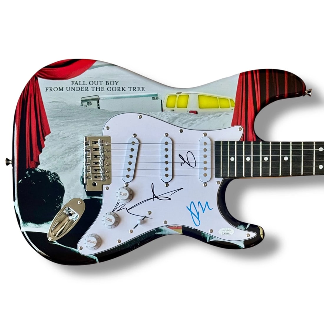 Fall Out Boy: Pete Wentz, Patrick Stump, Joe Trohman & Andy Hurley Signed Custom Guitar (JSA COA): Industry: Music,Signed: Yes,Autograph Authentication: James Spence (JSA),Object Type: Guitar & Guitar Pick,Original/Reproduction: Original