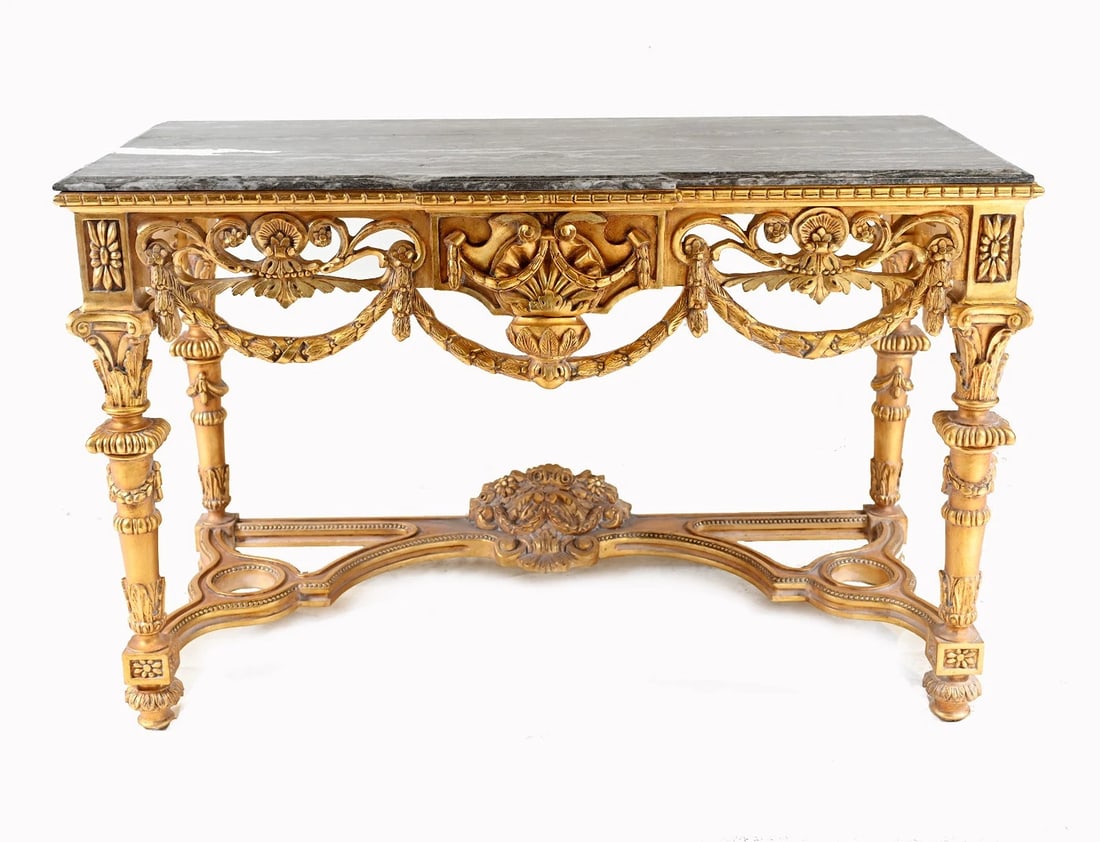 Louis XVI Gilt Console Table Marble Top Revival: Louis XVI Gilt Console Table Marble Top~(36"H x 24.5"L x 56"W). Condition: Used,Brand: Empire,Antique: Yes,Type: Console Table,Item Height: 36 in,Color: Brown,Tabletop Material: Marble,Style: French,I