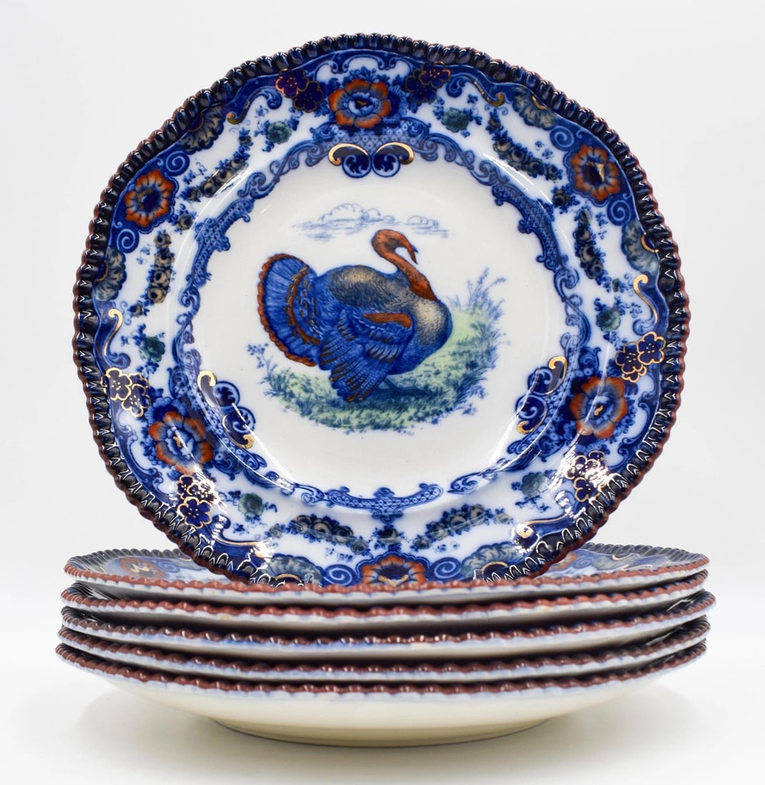 Antique Bishop & Stonier Lincoln Bisto, Set of 6 Turkey Plates - Flow Blue (1 of 6)