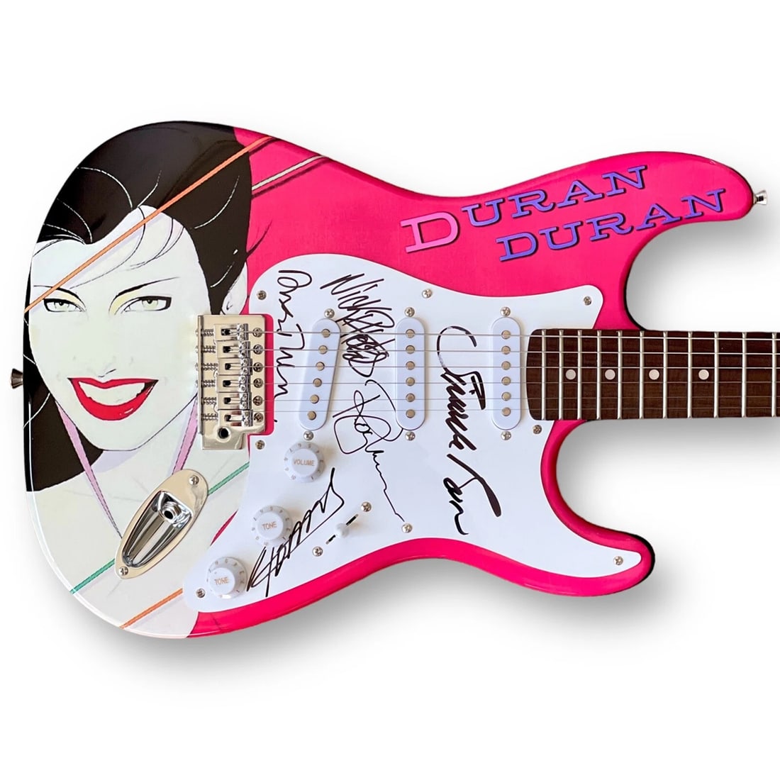 DURAN DURAN: Simon Le Bon, Nick Rhodes, Andy Taylor, Roger Taylor & John Taylor Signed Custom Guitar: Industry: Music,Signed: Yes,Autograph Authentication: James Spence (JSA),Object Type: Guitar & Guitar Pick,Original/Reproduction: Original