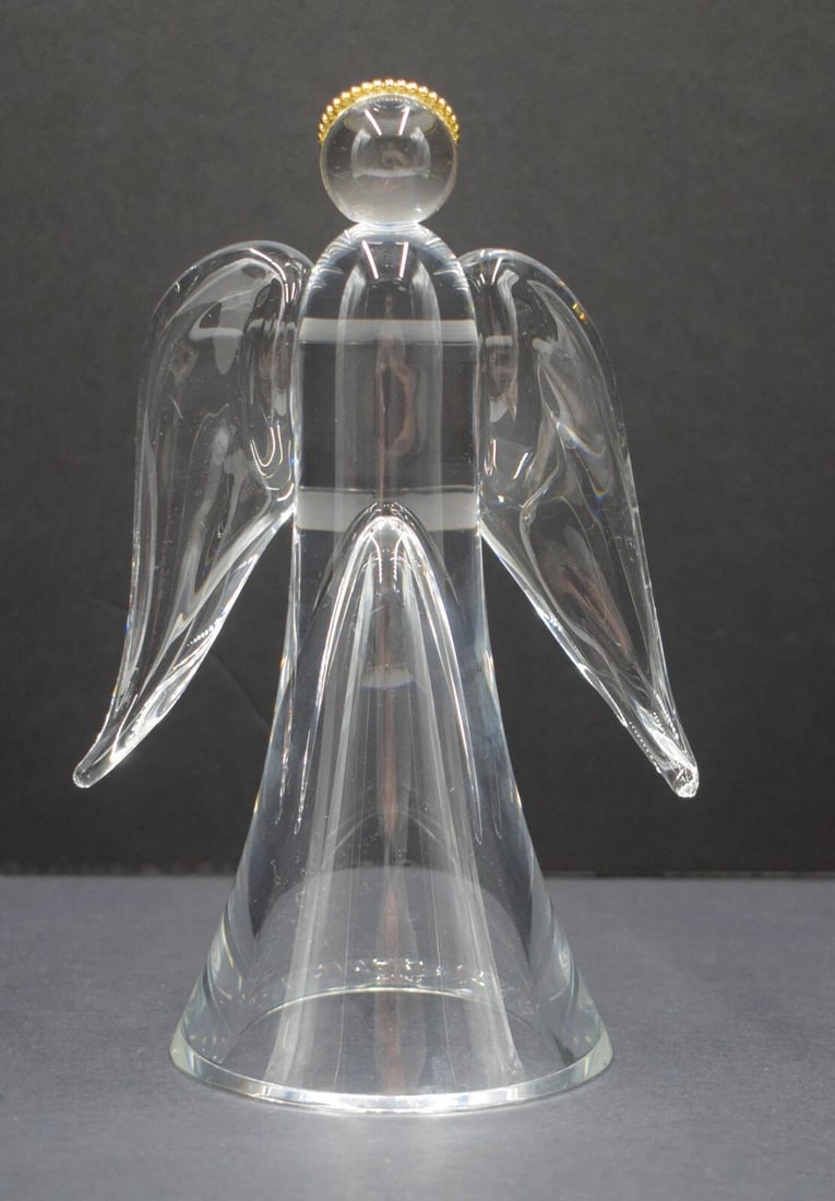 Steuben Art Glass "Angel with Golden Halo" Figure: Steuben Art Glass "Angel with Golden Halo" Figure. Designed by Taf Lebel. Signature on bottom.Very good condition. Measures 7 3/4" high by 4 3/4" wide.