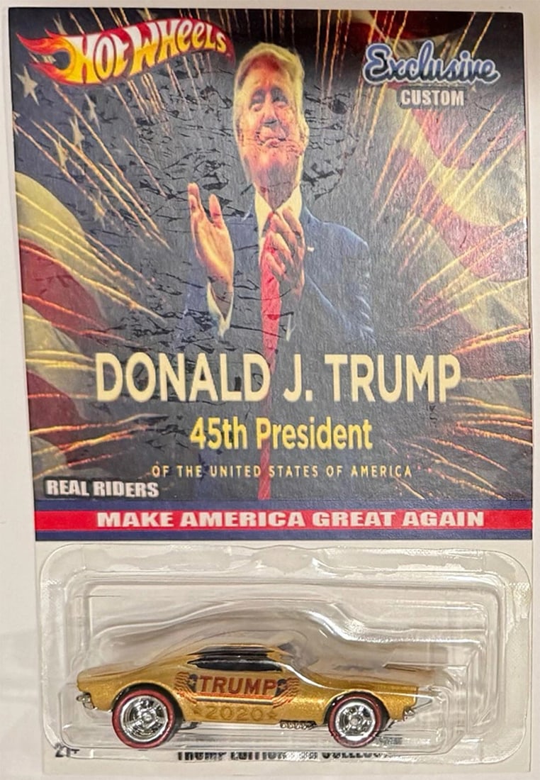 Custom Hot Wheels Gold '67 Chevy Camaro Trump MAGA w/ Real Riders (1 of 3)