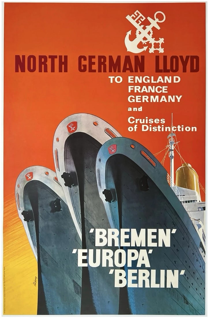 Original Vintage Poster NORTH GERMAN LLOYD Ocean Liner Cruise Ship Travel OL (1 of 5)