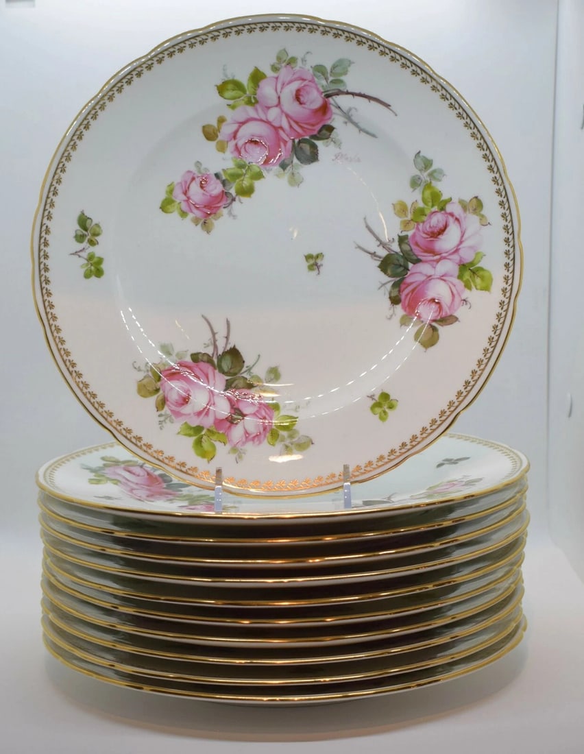 Set of 11 Royal Crown Derby Hand Painted "Roses" Dinner Plates - Artist Signed: Vintage: Yes,Country/Region of Manufacture: United Kingdom,Material: Porcelain,Featured Refinements: Royal Crown Derby Plate,Brand: Royal Crown Derby,Backstamp: Printed,Theme: Flower,Type: Dinner Plat