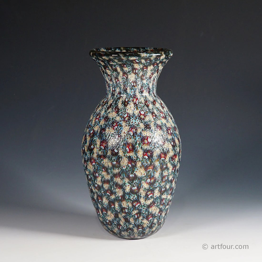 Vittorio Ferro Vase with Opaque Murrine Murano ca. 2000s: A Mid-Century Modern murrine art glass vase designed and executed by Vittorio Ferro Murano, Italy circa 2000s. This authentic vintage Italian art glass vase features small murrines in multicoloured op