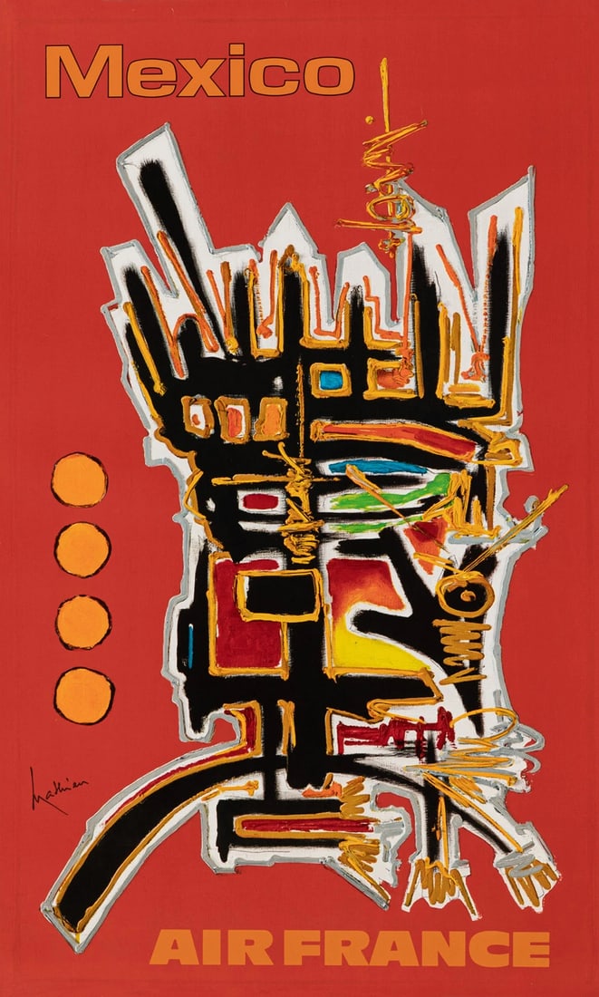 Original Vintage Poster - Mathieu G. - Air France - Mexico - Aztecs - Plane 1967: Date: 1967Size: 23,8 x 39,4 in / 60,5 x 100 cm. Condition: Used,Artist: Georges Mathieu,Unit of Sale: Single-Piece Work,Size: Large (up to 60in.),Color: Red - Black - Yellow - Orange,Date of Creation: