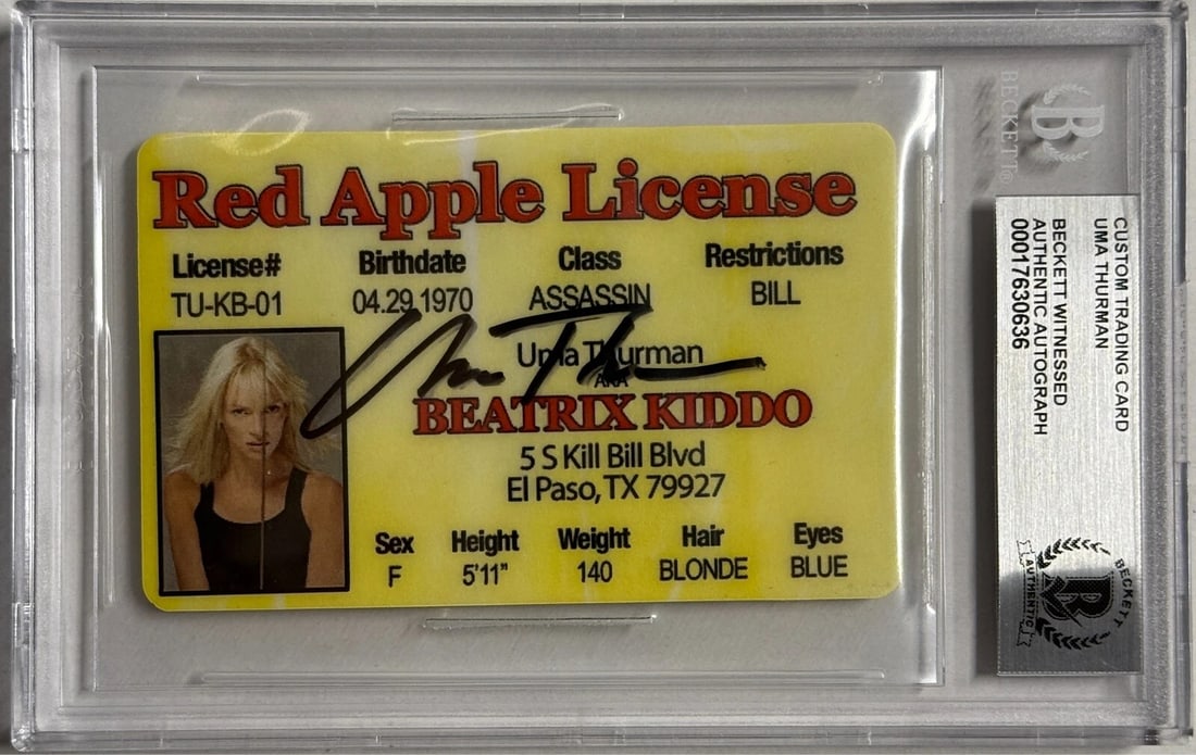 Uma Thurman Signed Red Apple License Custom Trading Card Beckett Witnessed: Industry: Television,Signed by: Uma Thurman,Signed: Yes,Autograph Authentication: Beckett,Object Type: Trading Card,Show: Red Apple License