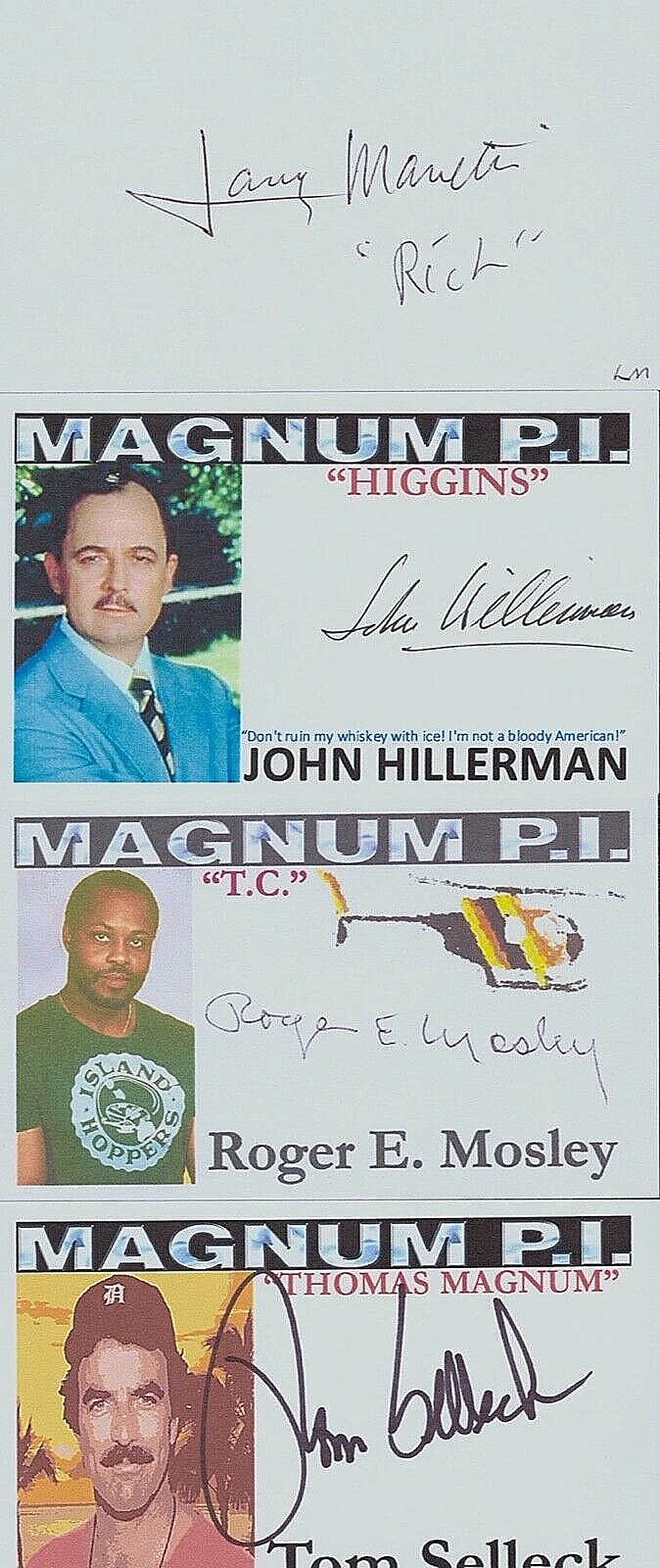 MAGNUM P.I. TOM SELLECK HILLERMAN MOSLEY MANETTI Signed Autograph Cards JSA LOA: Signed: Yes,Industry: Television,Autograph Authentication: James Spence (JSA),Object Type: Index Card,Original/Reproduction: Original,Show: Magnum P.I.,Modified Item: No