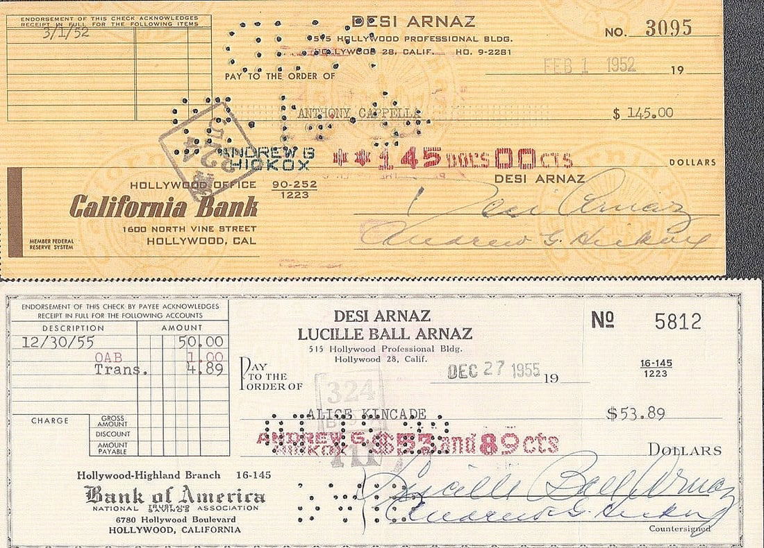 LUCILLE BALL DESI ARNAZ Signed Autograph Check I LOVE LUCY JSA LOA: Industry: Television,Signed: Yes,Object Type: Check,Original/Reproduction: Original